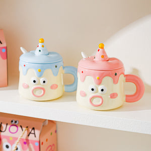 Ceramic Mug Set | Cartoon Character Cake Design with Lid & Spoon | 420ml | Blue