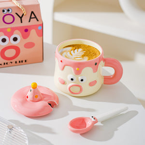 Ceramic Mug Set | Cartoon Character Cake Design with Lid & Spoon | 420ml | Blue