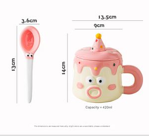 Ceramic Mug Set | Cartoon Character Cake Design with Lid & Spoon | 420ml | Blue