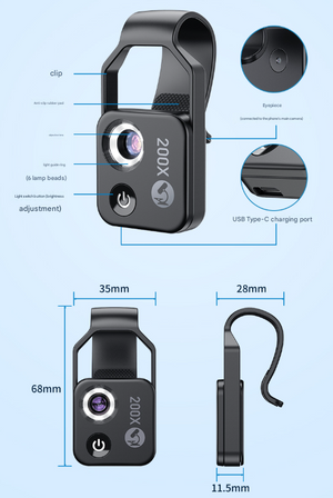 Clip-On Microscope Lens 200X | Portable for Smartphone | HD Magnifier with CPL Filter & LED | Black