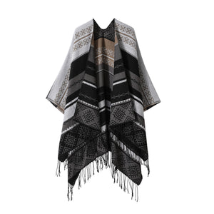 Boho Fringe Shawl Cloak | Black-Grey | 160x135cm | Inner Mongolia Double-Sided Scarf