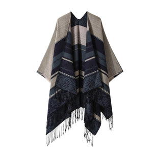 Boho Fringe Shawl Cloak | Navy Blue | 160x135cm | Inner Mongolia Double-Sided Scarf