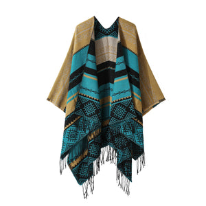Boho Fringe Shawl Cloak | Blue Light-Tan | 160x135cm | Inner Mongolia Double-Sided Scarf