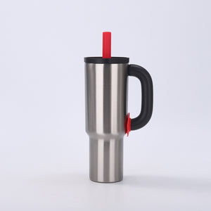 Macron Stainless Steel Tumbler 40oz | Natural Steel | Handle & Straw | Large Capacity Car Travel Mug