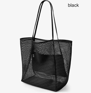 Mesh Beach Tote Bag | Large Size | Lightweight & Foldable | Zipper Pocket | Black