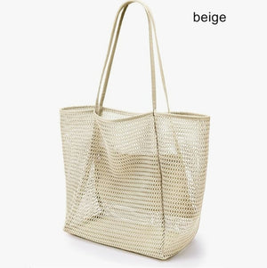 Mesh Beach Tote Bag | Large Size | Lightweight & Foldable | Zipper Pocket | Beige