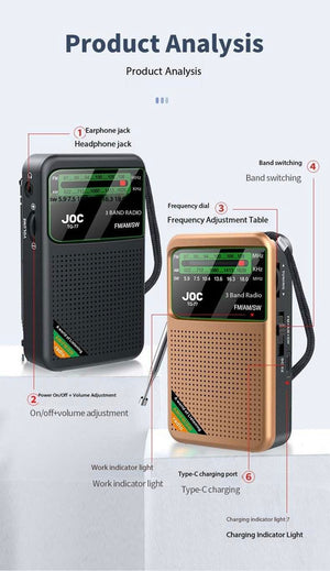 JOC TG-77 Multi-Band Rechargeable Radio | FM/AM/SW | Automatic Channel Search | Golden