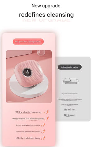 Ultrasonic Contact Lens Cleaner | Portable Automatic Electric Cleaning Case with LED Makeup Mirror | USB Rechargeable | Pink