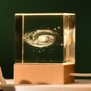 Luminous 3D Crystal Cube Night Light | Milky Way Design | Laser Engraved with Solid Wood Base