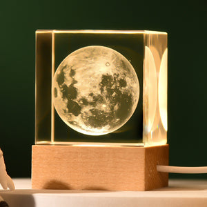 Luminous 3D Crystal Cube Night Light | The Moon Design | Laser Engraved with Solid Wood Base