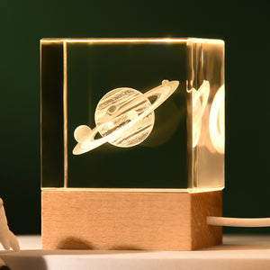 3D Crystal Cube Night Light | Luminous Saturn Design | Laser Engraved with Wooden Base
