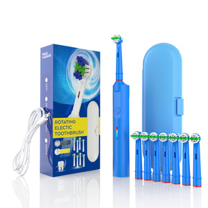 Electric Toothbrush with 3D Cleaning | Rotating Brush | 3 Modes | IPX7 Waterproof | Travel Case & 6 Heads | Blue