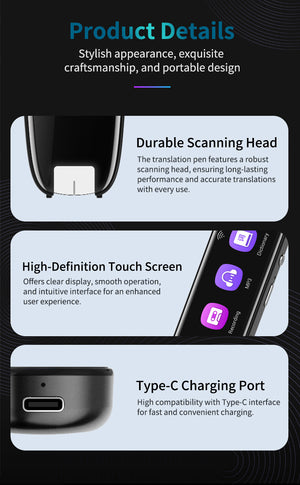 AI Translator Pen | 112+ Languages | Offline Mode | HD Touchscreen & Dictionary | Black
