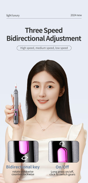 Electric Nail Drill Pen Kit | 3-Speed Rechargeable | Bidirectional Manicure & Pedicure Tool | Silver Grey