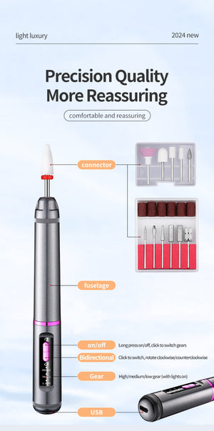 Electric Nail Drill Pen Kit | 3-Speed Rechargeable | Bidirectional Manicure & Pedicure Tool | Silver Grey