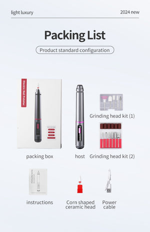 Electric Nail Drill Pen Kit | 3-Speed Rechargeable | Bidirectional Manicure & Pedicure Tool | Silver Grey
