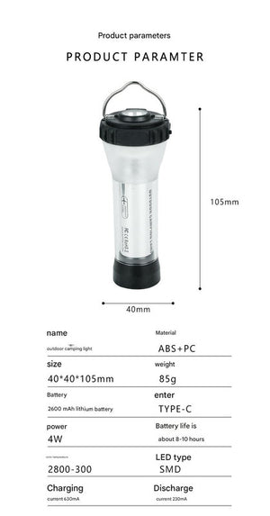 Outdoor Camping Lantern | Portable with Tripod Stand | Soft Light Diffuser | USB-C Charging | Black
