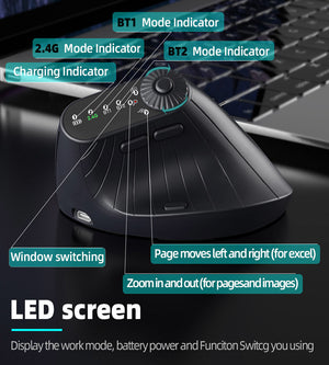 Ergonomic Vertical Mouse | 2.4G/Bluetooth Multi-Mode | LED Display | 57° Angle | 400mAh Battery | Black