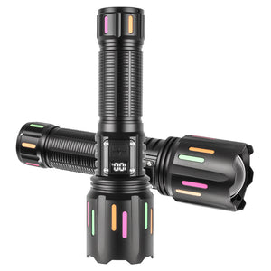 LED Flashlight 30W | High Brightness with Digital Display | USB Rechargeable | 800–1200m Range | Fluorescent Black + 26650 Battery