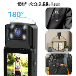 Mini Body Camera | 180° Rotatable Lens | Night Vision & Motion Detection | 1.3" Screen | Black + 32GB