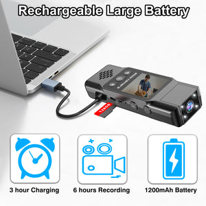 Mini Body Camera | 180° Rotatable Lens | Night Vision & Motion Detection | 1.3" Screen | Black + 32GB