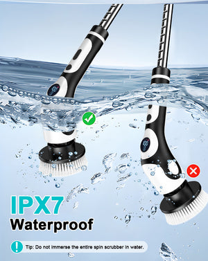 Electric Spin Scrubber | Multi-Functional with Voice Broadcast | 9 Brush Heads | Adjustable Handle & LED Display | Black & White