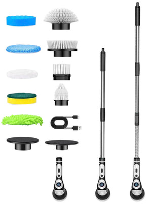 Electric Spin Scrubber | Multi-Functional with Voice Broadcast | 9 Brush Heads | Adjustable Handle & LED Display | Black & White