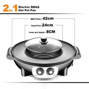 Electric 2-in-1 Non-Stick BBQ Plate & Hot Pot Pan | For Party, Shabu Grill, Barbecue | 42cm