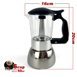 Borosilicate Glass Stainless Steel Moka Pot Coffee Maker | Italian Espresso | 6 Cups