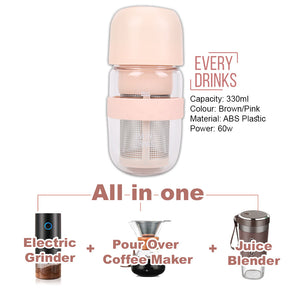 Pink All-in-1 Anywhere Portable Drip Pour Over Coffee Maker + Electric Grinder + Juice Blender | Freshly Ground Coffee