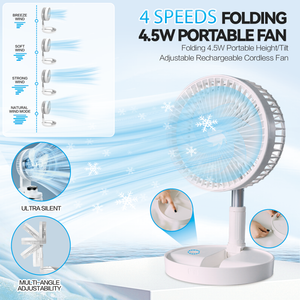 Folding Telescopic Rechargeable Fan | 4.5W | Portable Height & Tilt Adjustable | Cordless Cooling