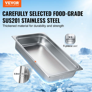 Hotel Pans 6 Pack | Full Size 4" Deep Stainless Steel Anti-Jam Steam Table Pans