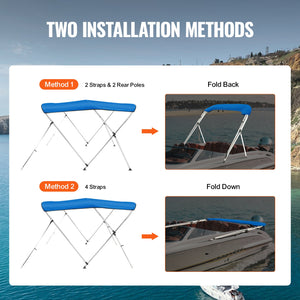 Bimini Top Boat Cover 3 Bow | 900D Polyester Canopy & Aluminum Frame | 6'L x 46"H x 61"-66"W | Blue