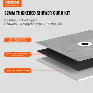 Shower Curb Kit 72"x72" | ABS Central Flange with Stainless Steel Grate | Waterproof Membrane & Strips | For Bathroom Installation