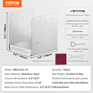 Stainless Steel Adjustable Post Base 152.4x152.4mm | 10 Pack Internal 150x139.7mm Anchor Brackets | For Deck, Porch, Pavilion, Handrail & Railing Support