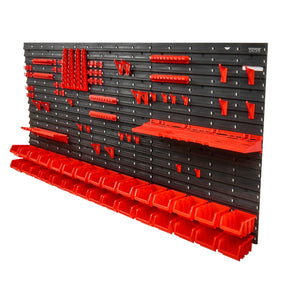 Wall Mounted Storage Bin Rack | 30 Plastic Bins with Wall Panels, Hooks & Holders | Garage & Workshop Tool Organiser | Black & Red