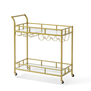 Gold Bar Cart | 2-Tier Metal Serving Cart with Wine Rack & Glass Holder