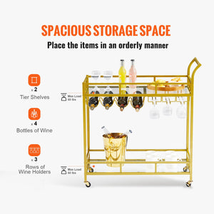 Gold Bar Cart | 2-Tier Metal Serving Cart with Wine Rack & Glass Holder