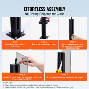 Glass Clamp Railing Bracket | 37.4"H for 0.39"–0.47" Glass Panels | Black Finish