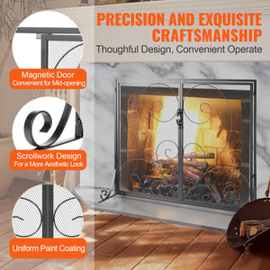 Fireplace Screen | 990x802mm Black Iron Spark Guard | 2-Panel