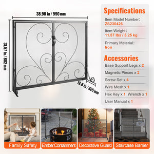 Fireplace Screen | 990x802mm Black Iron Spark Guard | 2-Panel