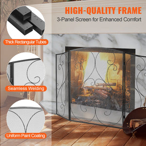 Fireplace Screen 3-Panel | 122x76.7cm Iron Mesh Spark Guard | Free-Standing Vintage Design