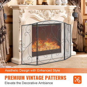 Fireplace Screen 3-Panel | 122x76.7cm Iron Mesh Spark Guard | Free-Standing Vintage Design