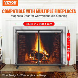 Fireplace Screen 1-Panel with Door | 99x78cm Iron Mesh Spark Guard | Free-Standing Modern