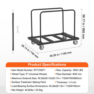 Drywall Cart 1800lbs Capacity | 45.28"x29.13" Deck | Heavy Duty Panel Dolly with 5" Swivel Wheels | For Sheetrock, Lumber & Wall Panel Handling