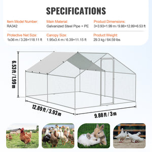 Large Metal Chicken Coop 3x3.93x1.99m | Walk-In Hen Run with Cover & Lock