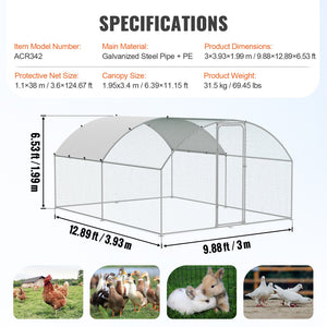 Large Metal Chicken Coop 9.8x12.9x6.5ft | Walk-In Poultry Run with Cover