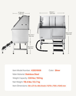 Dog Grooming Bath Tub | 127cm Stainless Steel with Stairs & Filter