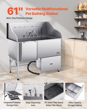 Dog Grooming Tub | 155cm Stainless Steel with Ramp & Filter | Left Entry
