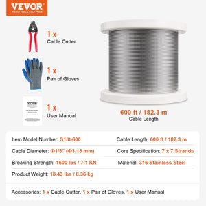 Stainless Steel Cable | T316 3.18mm 7x7 Wire Rope | 182.3m for Railing & Rigging